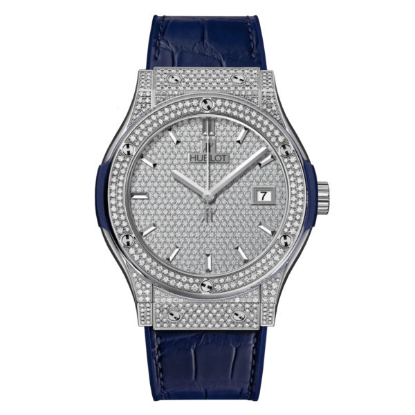 Копии часов Hublot Classic Fusion 42mm 565.NX.9010.LR Full Pave Blue